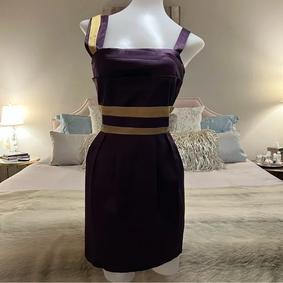 MINUET Purple Gold S Sleeveless Short Formal Stretch Natural Waist Pencil Dress - Picture 1 of 17